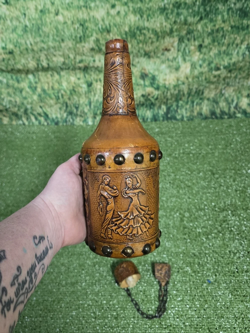 Vintage Handtooled Spanish Leather Glass Conac Decanter w Cork Plug Chain Tassel